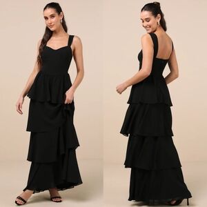 Lulus Carlynda Black Tiered Bustier Maxi Dress L Wedding Party Feminine NWT